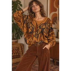VTG 1980s Sweater Women S Orange Beaded Lambswool Abstract Leaf Boho Maximalist